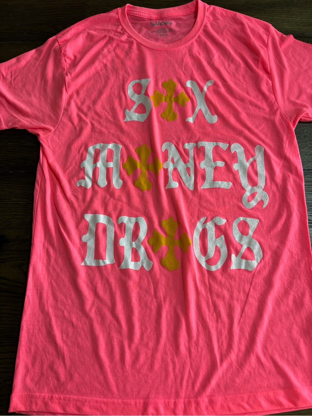 Lucky Brand Neon Pink Graphic Tee with Yellow Accents